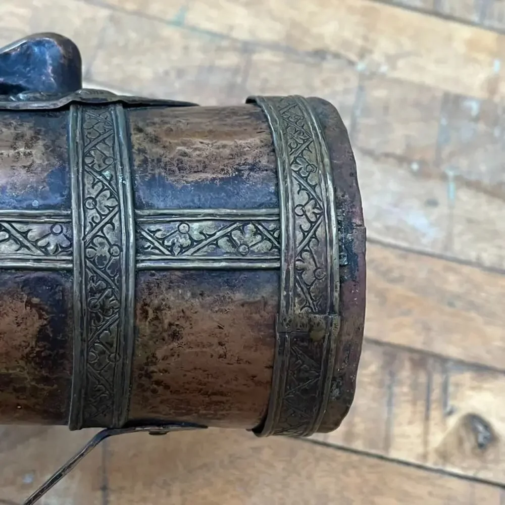 Antique Copper Brass Pitcher 7.5 in Ornate Detailed Embossing w/ Lid